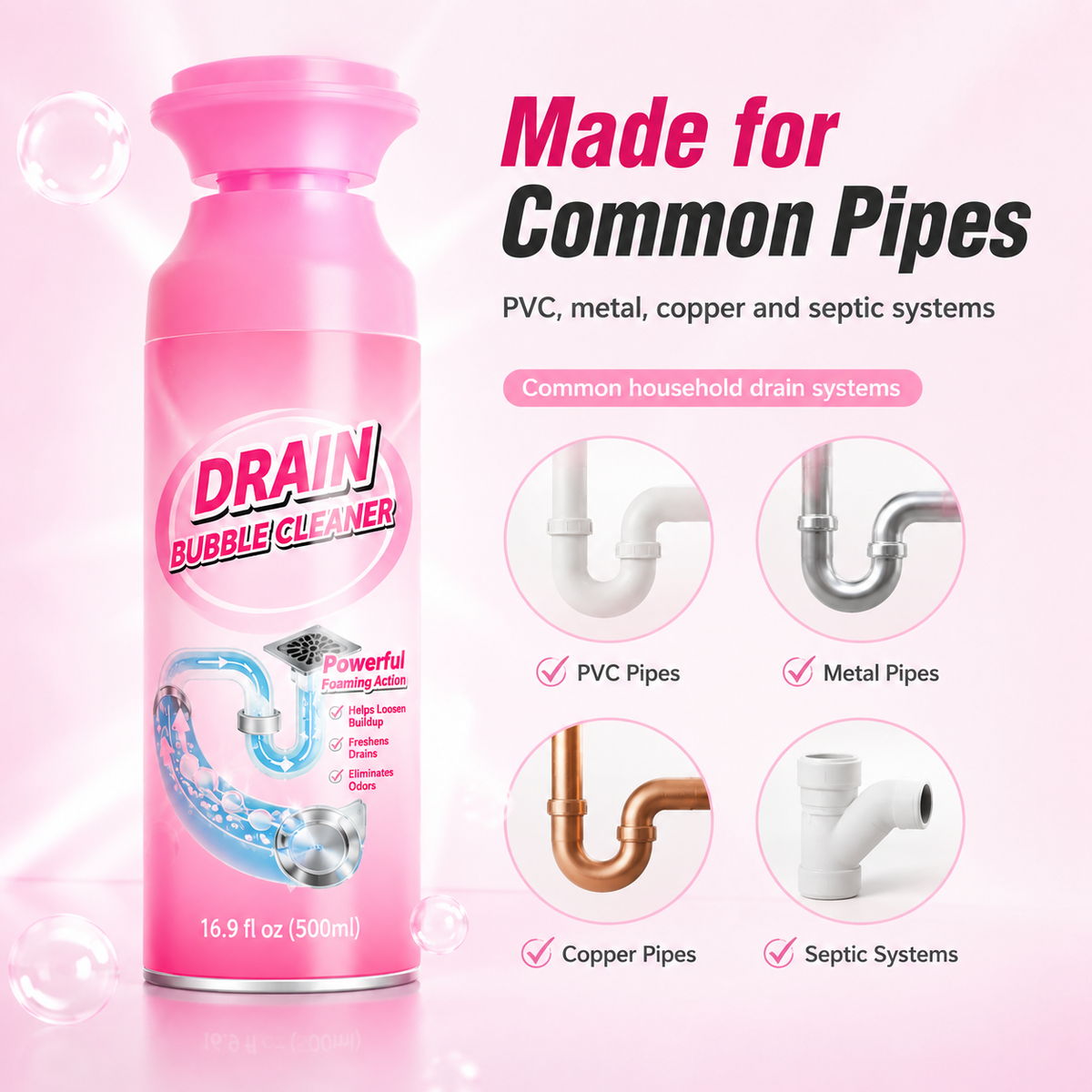 🫧 Foaming Pipe Cleaner & Drain Deodorizer – 360° Expanding Sink Foam ✨