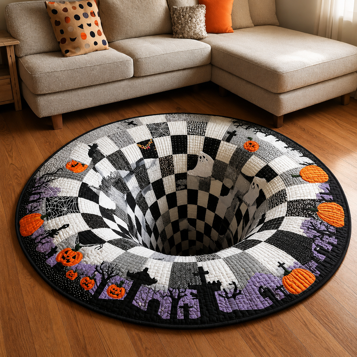 🔥Summer Halloween🎃3D Skeleton Vortex Quilted Round Halloween Rug