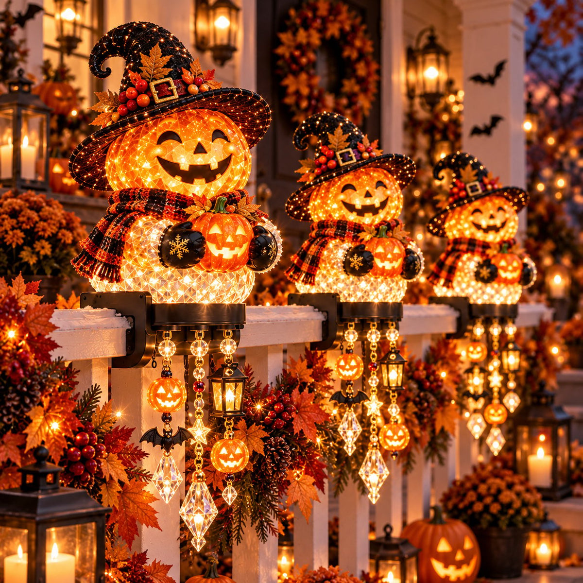 🔥🎃 Halloween Porch Magic Cascade Railing Lights – Pumpkin, Witch, Ghost & Black Cat🎃🎃