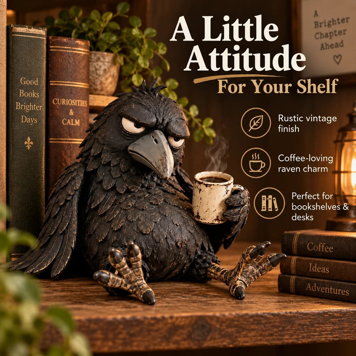 Rustic Vintage Raven Figurine with Coffee Mug – Grumpy Crow Farmhouse Tabletop Decor