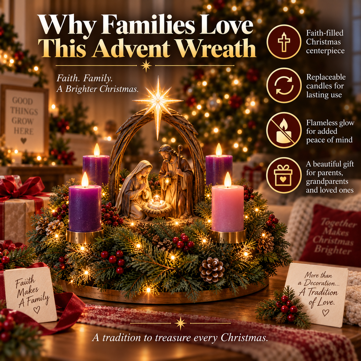 ✝️🕯️ Lighted Nativity Advent Wreath – A Sacred 4-Week Christmas Tradition