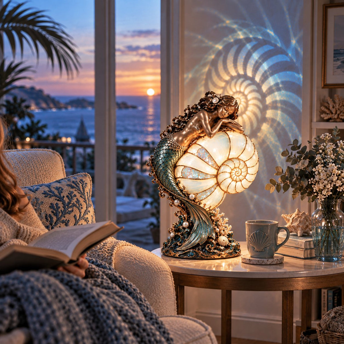 🧜‍♀️🌙 Moonlit Mermaid Nautilus Lamp™ | Ocean Projection Accent Light