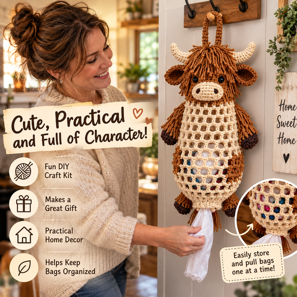 Highland Cow crochet bag holder in use