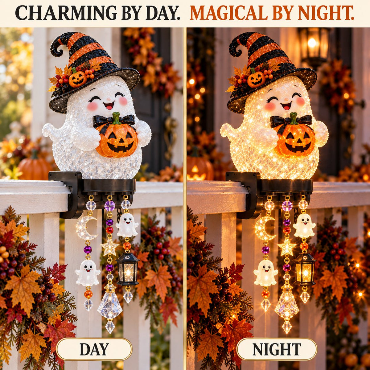 🔥🎃 Halloween Porch Magic Cascade Railing Lights – Pumpkin, Witch, Ghost & Black Cat🎃🎃