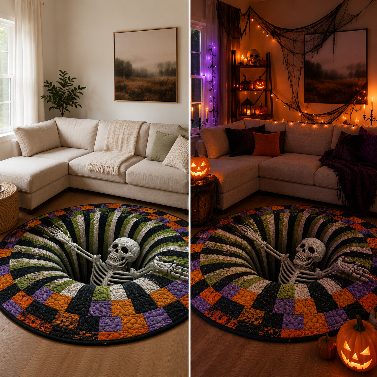 🔥Summer Halloween🎃3D Skeleton Vortex Quilted Round Halloween Rug