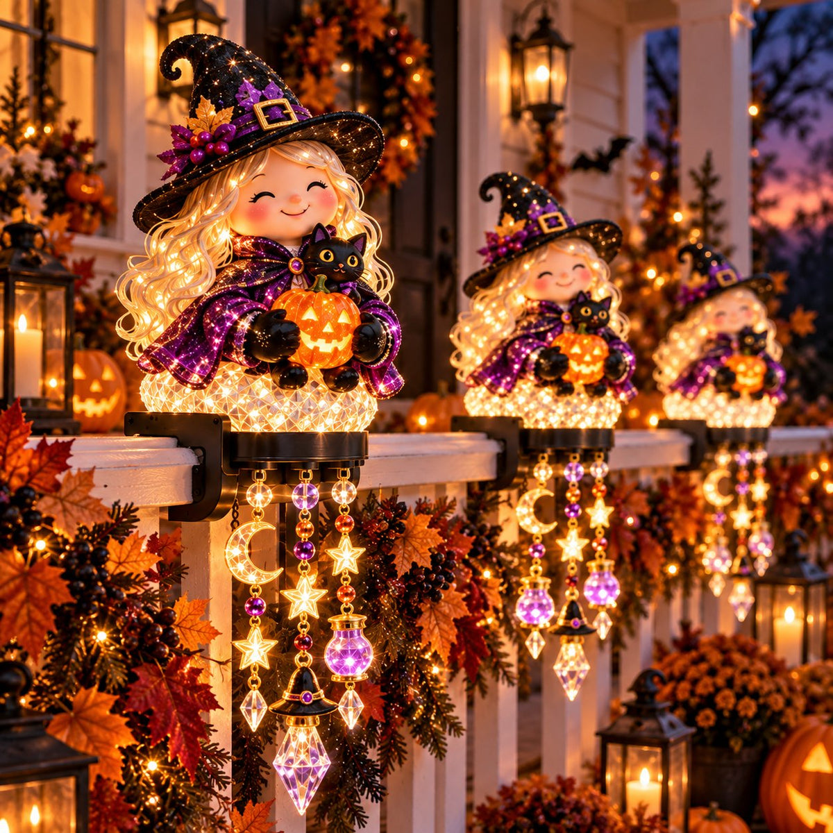 🔥🎃 Halloween Porch Magic Cascade Railing Lights – Pumpkin, Witch, Ghost & Black Cat🎃🎃
