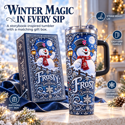 ☃️Winter Snowman Travel Tumbler with Handle & Straw – Matching Gift Box🥤