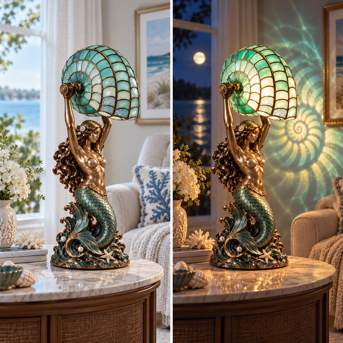 🧜‍♀️🌙 Moonlit Mermaid Nautilus Lamp™ | Ocean Projection Accent Light
