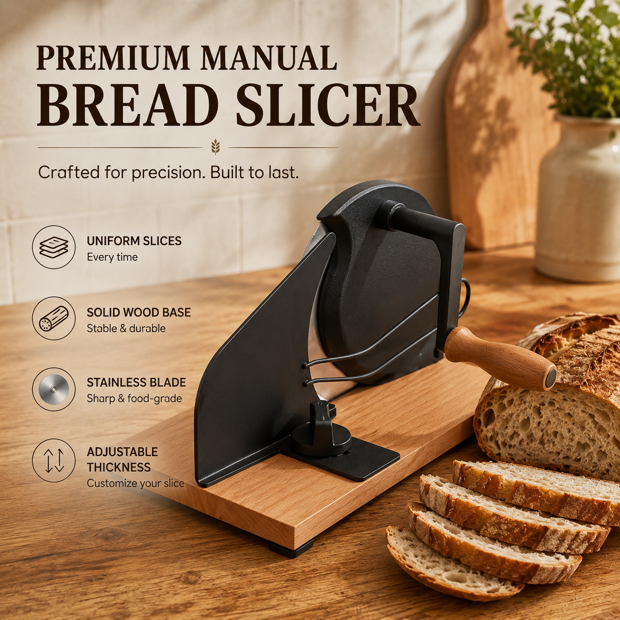 🍞 Adjustable Manual Bread Slicer – Hand Crank Cutter for Sourdough & Homemade Bread