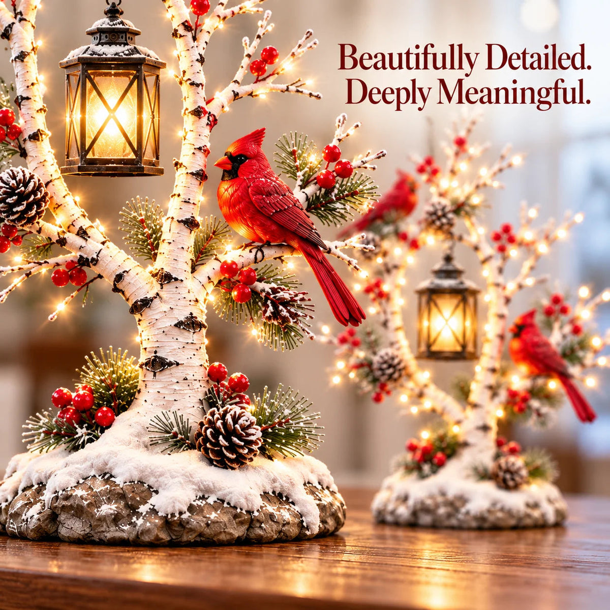 🔥Cardinal Winter Lantern Tree™ – Lighted Snowy Birch Tree with Red Cardinals & Hanging Lantern ✨