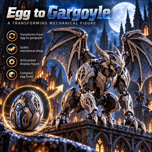 🥚⚙️ MechaGenesis Gothic Guardian Egg – Transforming Mechanical Gargoyle with Gothic Wings & Icy Blue Core 🦇💎
