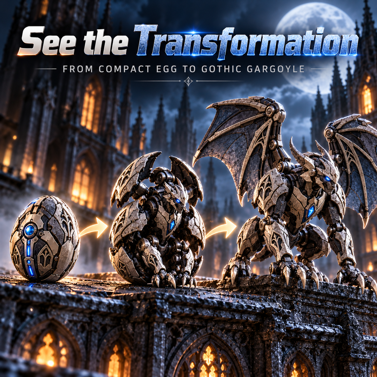 🥚⚙️ MechaGenesis Gothic Guardian Egg – Transforming Mechanical Gargoyle with Gothic Wings & Icy Blue Core 🦇💎