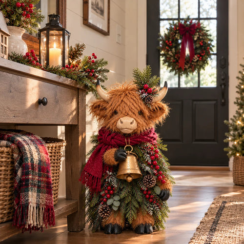 🔥LAST DAY 50%🎄Christmas Highland Cow with Bell – Rustic Farmhouse Holiday Figurine with Evergreen Accents & Burgundy Scarf