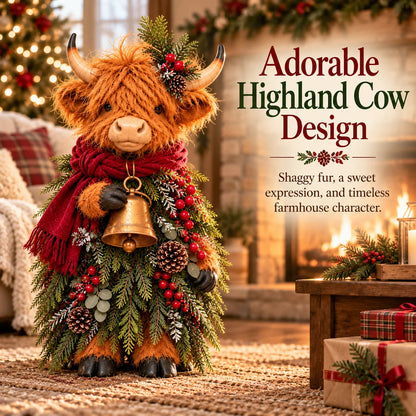 🔥LAST DAY 50%🎄Christmas Highland Cow with Bell – Rustic Farmhouse Holiday Figurine with Evergreen Accents & Burgundy Scarf