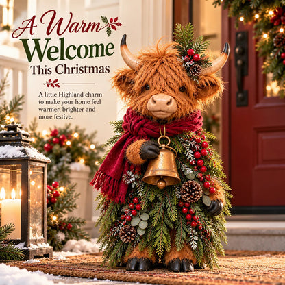 🔥LAST DAY 50%🎄Christmas Highland Cow with Bell – Rustic Farmhouse Holiday Figurine with Evergreen Accents & Burgundy Scarf