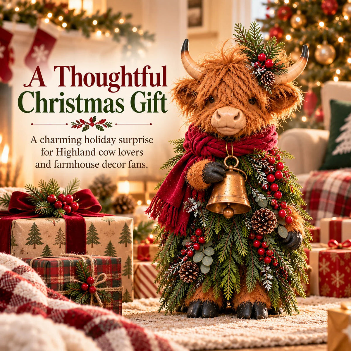 🔥LAST DAY 50%🎄Christmas Highland Cow with Bell – Rustic Farmhouse Holiday Figurine with Evergreen Accents & Burgundy Scarf