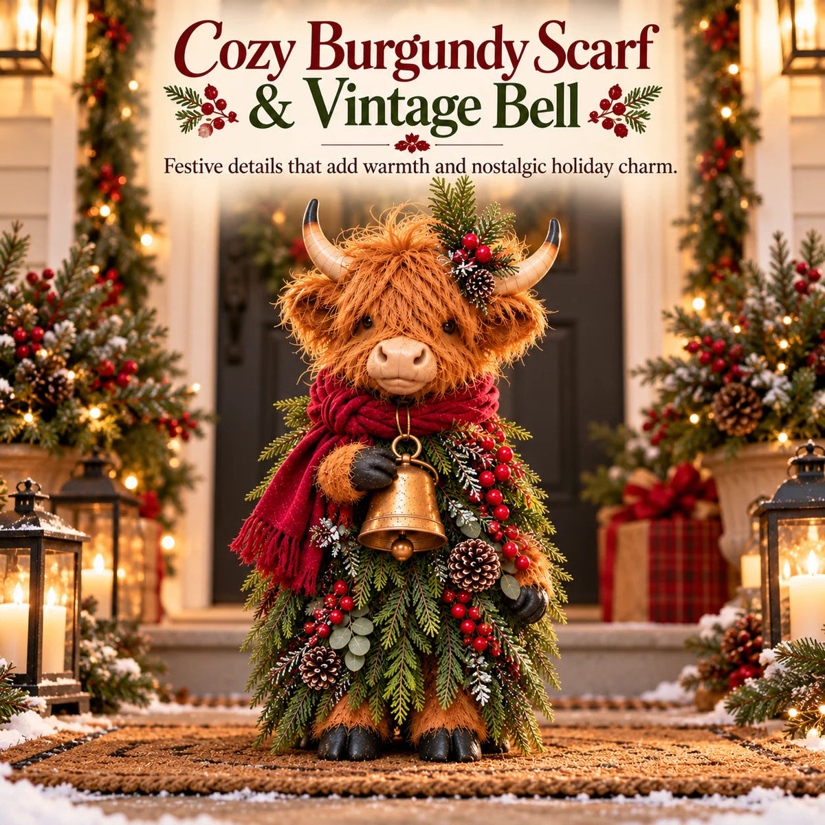 🔥LAST DAY 50%🎄Christmas Highland Cow with Bell – Rustic Farmhouse Holiday Figurine with Evergreen Accents & Burgundy Scarf