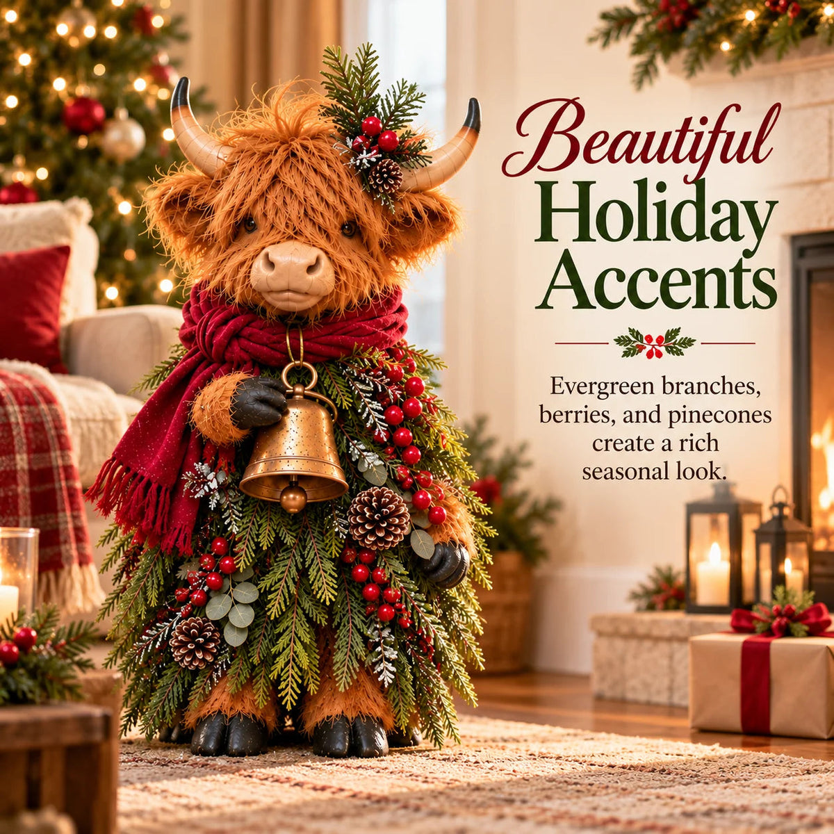 🔥LAST DAY 50%🎄Christmas Highland Cow with Bell – Rustic Farmhouse Holiday Figurine with Evergreen Accents & Burgundy Scarf