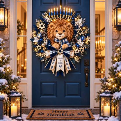 🦁✨ Lion of Judah Hanukkah Lighted Wreath - A Warm & Meaningful Welcome for the Festival of Lights🎁