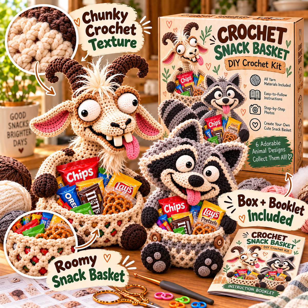 🔥Buy 3, Get 1 Free—Today Only 🔥🔥–😂 Snack Attack Squad™ – DIY Crochet Funny Animal Snack Basket Collection