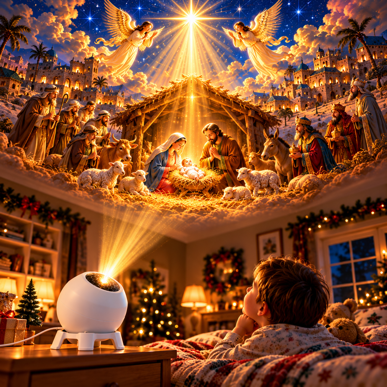 Child enjoying a magical Nativity-themed scene