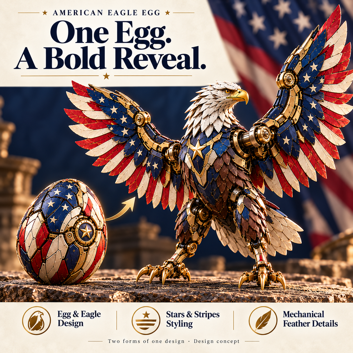 🥚🦅 American Eagle Transforming Egg – Stars & Stripes Mechanical Figure with Bold Wing Details
