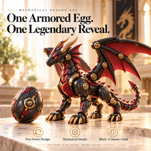 🐉 Mechanical Dragon Egg – Black & Crimson Dragon with Folding Wings & Armored Details