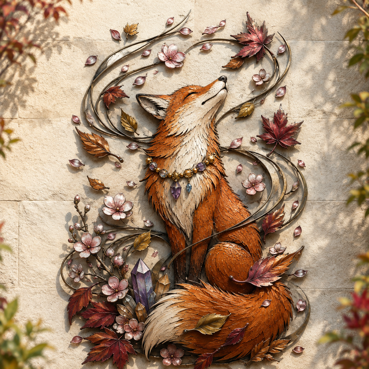 Detailed Enchanted Autumn Fox metal wall art