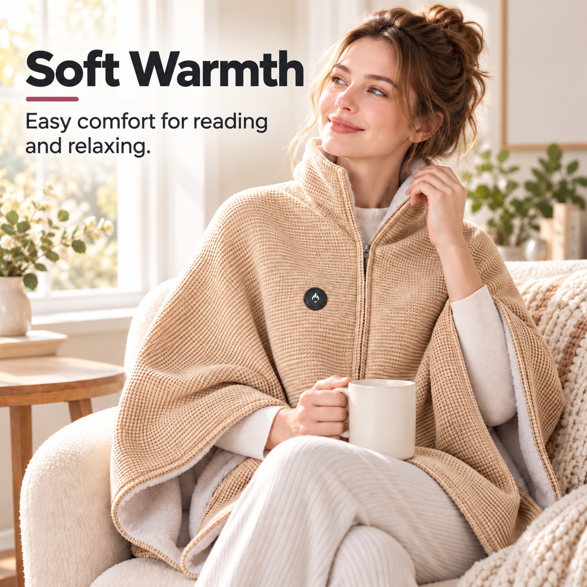 Warm Beige wearable heated blanket for reading