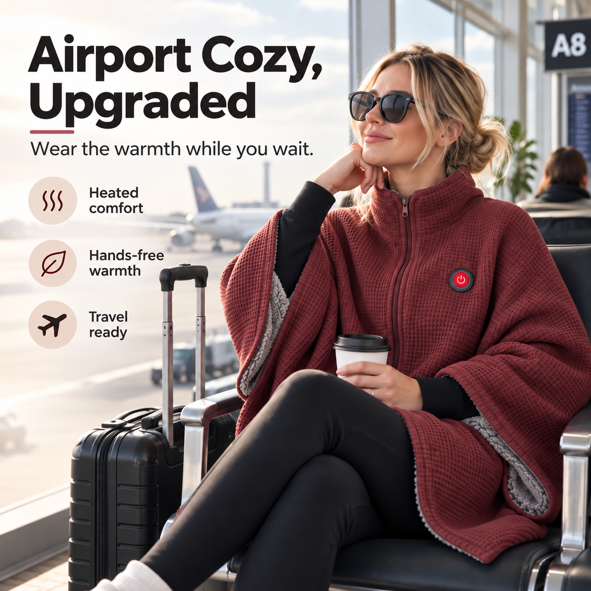 Wearable heated blanket at airport
