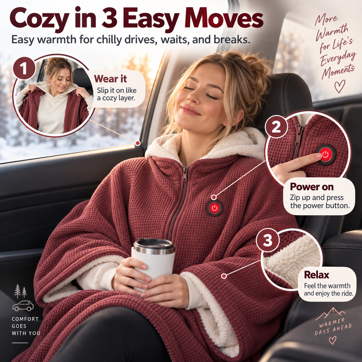 Three steps for using wearable heated blanket