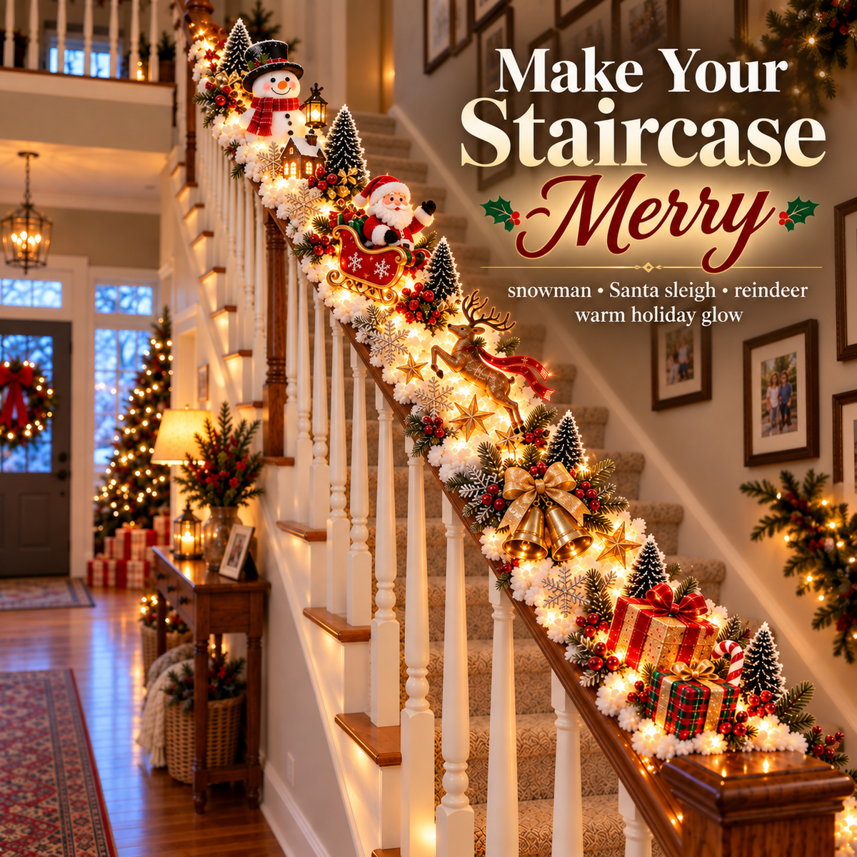 🎅 Santa’s Sleigh Snowy Stair Railing Decor | Pre-Lit Christmas Banister Garland