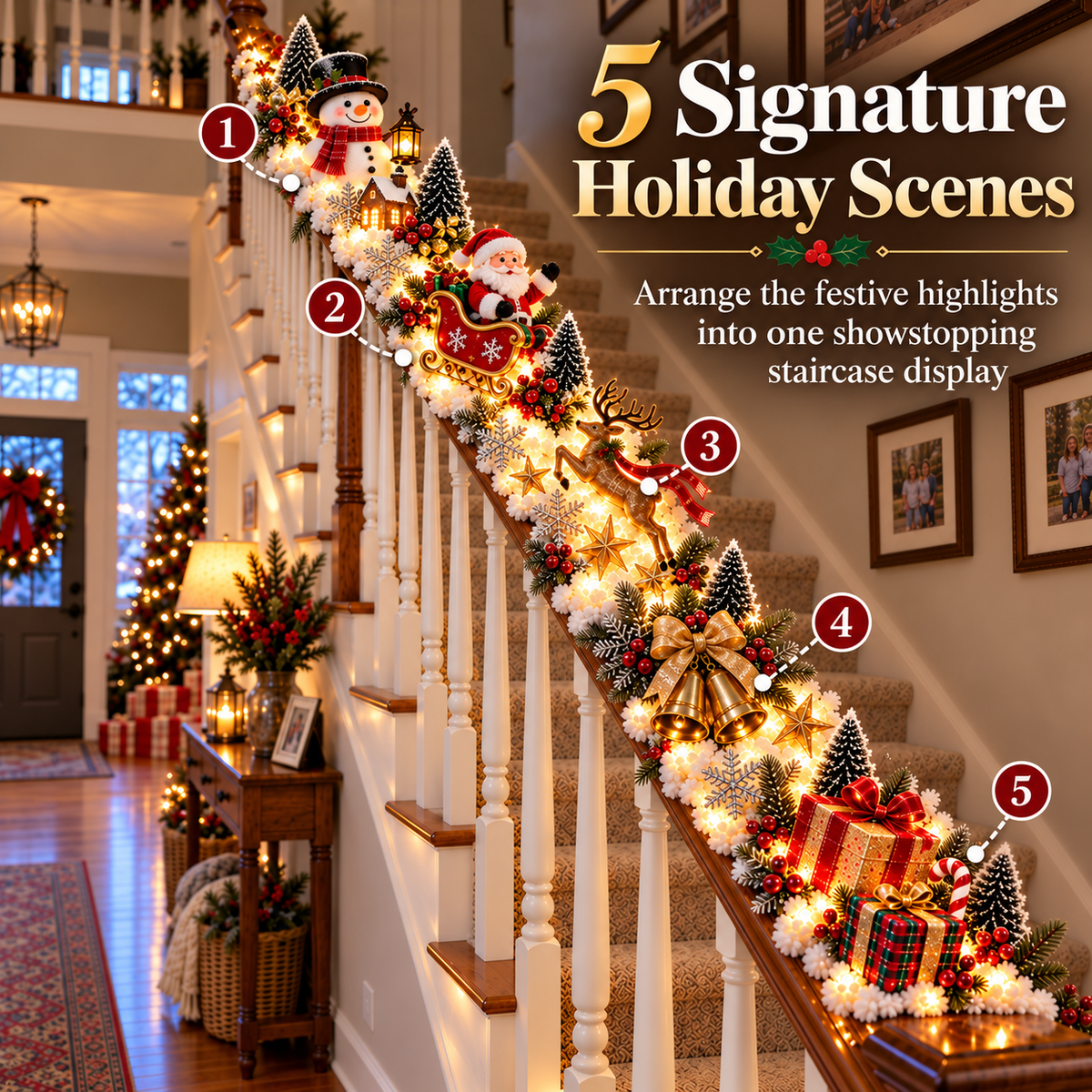 🎅 Santa’s Sleigh Snowy Stair Railing Decor | Pre-Lit Christmas Banister Garland