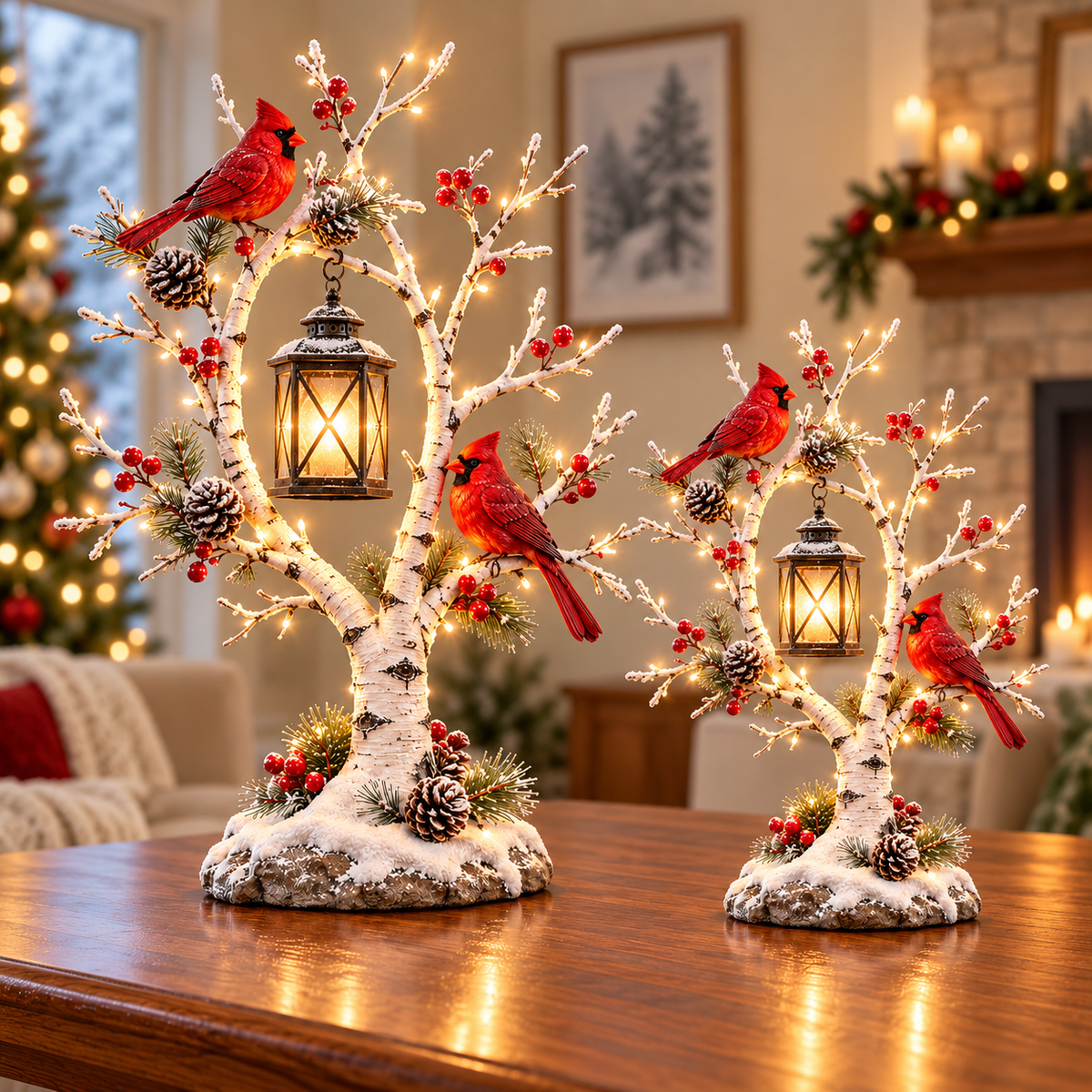 ️ Cardinal Winter Lantern Tree™ – Lighted Snowy Birch Tree with Red C ...