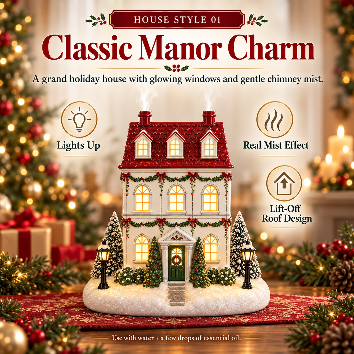 ✨🎄Christmas House Essential Oil Diffuser – 🏘️Glowing Holiday Decor with Chimney Mist🌿