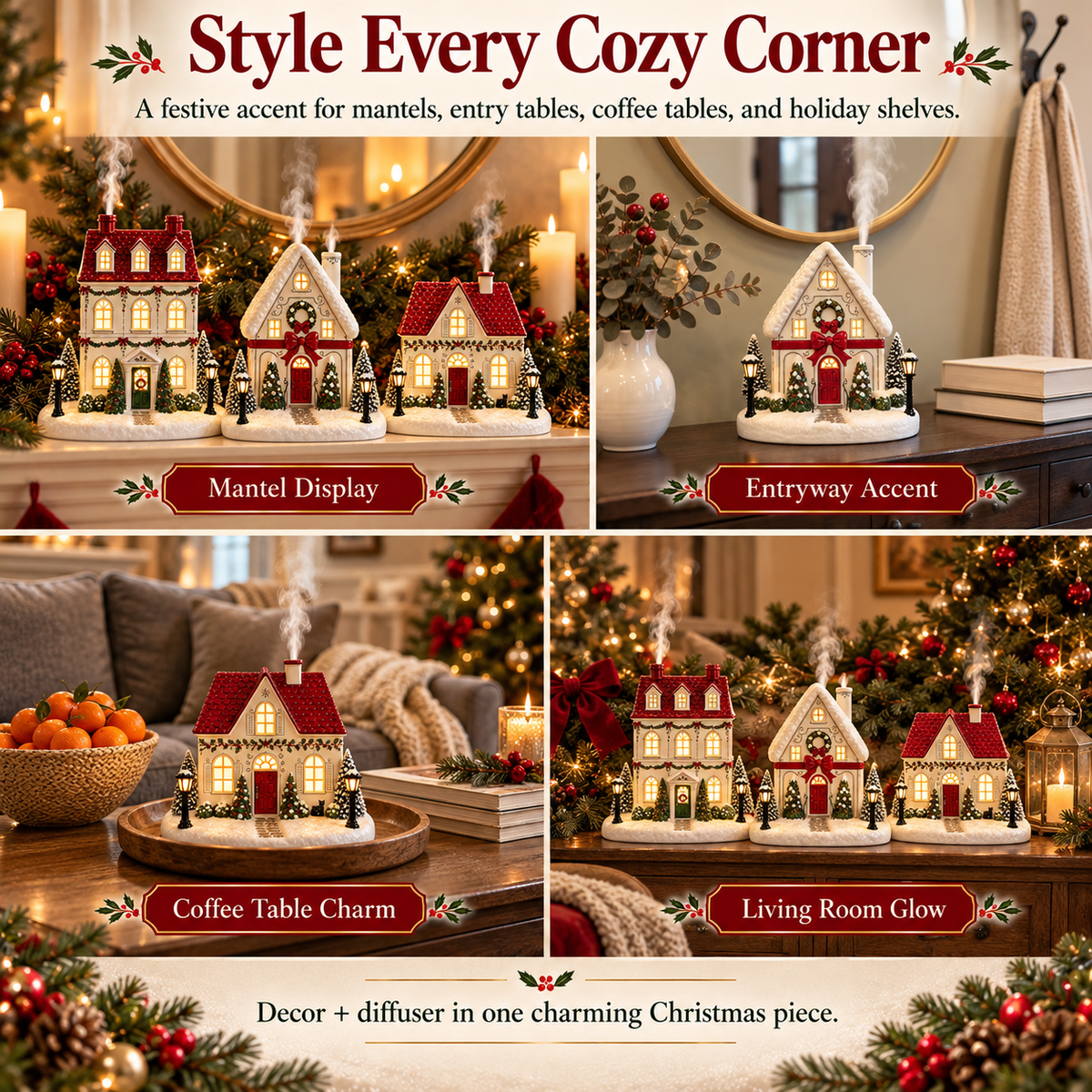 ✨🎄Christmas House Essential Oil Diffuser – 🏘️Glowing Holiday Decor with Chimney Mist🌿