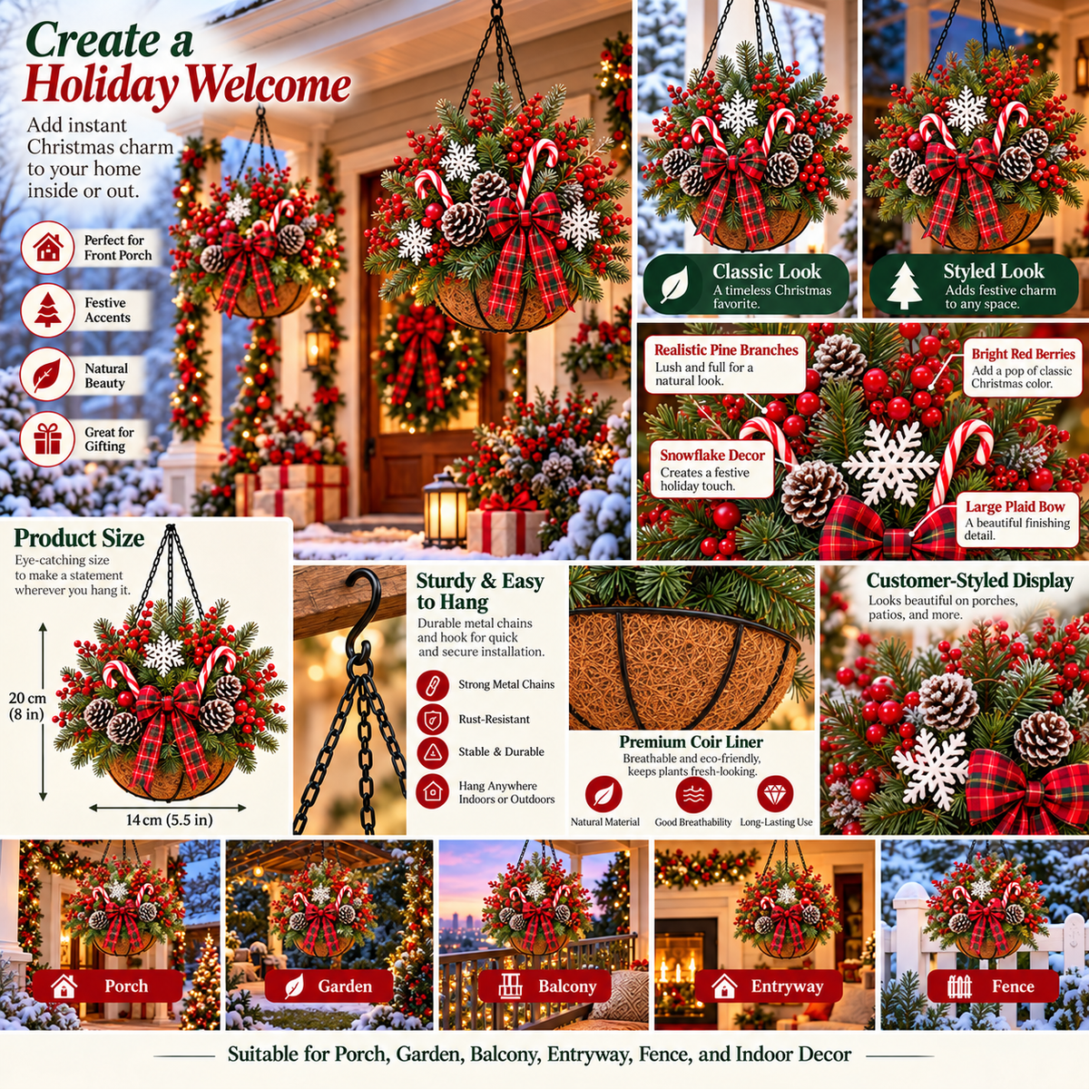 🔥Last Day 50% OFF 🎄 Pre-Lit Christmas Hanging Basket | Pre-lit, weather-resistant, and zero maintenance