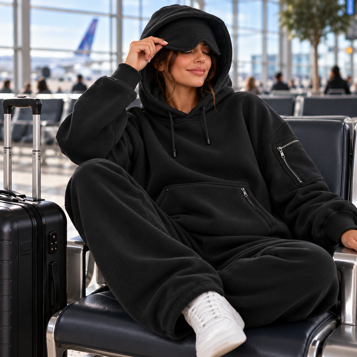 ✈️ Cozy Travel Sleep Hoodie ✨ Built-In Sleep Mask & Hidden Pockets