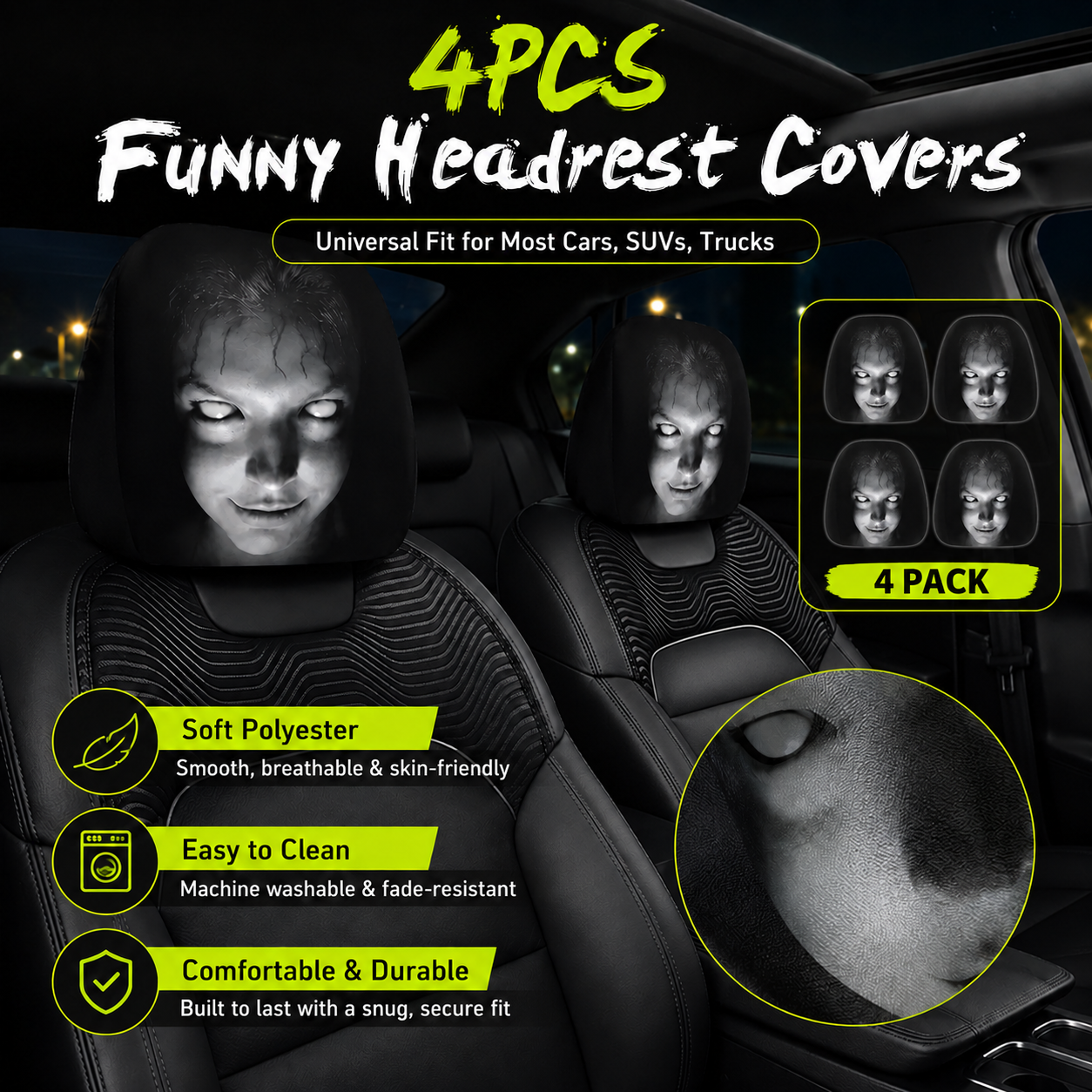 🔥Last Day Promotion😆Fear & Funny Car Headrest Covers – Universal Fit 2PCS🚗