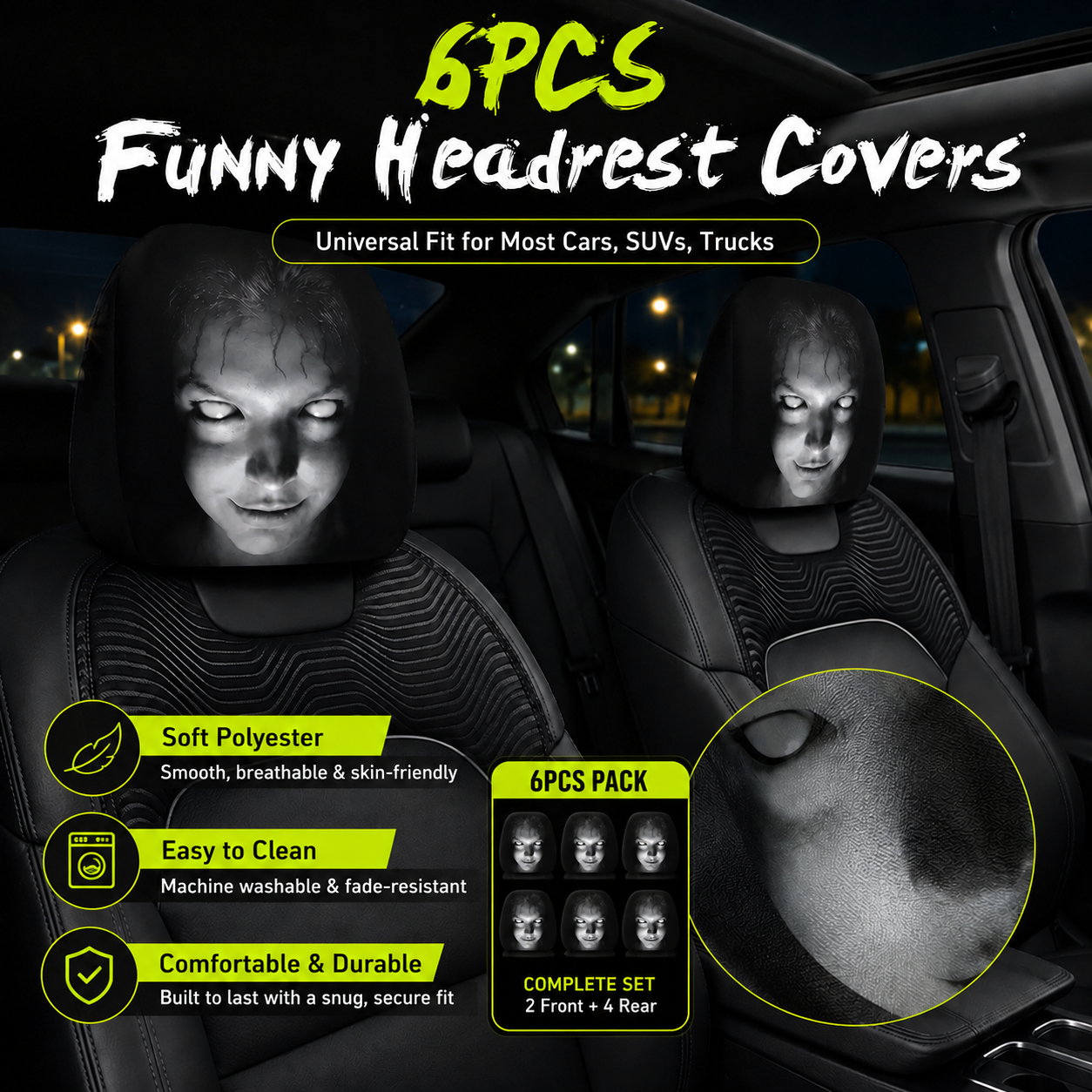🔥Last Day Promotion😆Fear & Funny Car Headrest Covers – Universal Fit 2PCS🚗