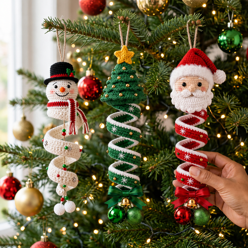 ☃️Crochet Snowman Spiral Ornament DIY Kit | Complete Beginner-Friendly Set with Soft Yarn, Crochet Hook, Festive Beads, Snowflakes & Step-by-Step Guide 🧶🎄✨