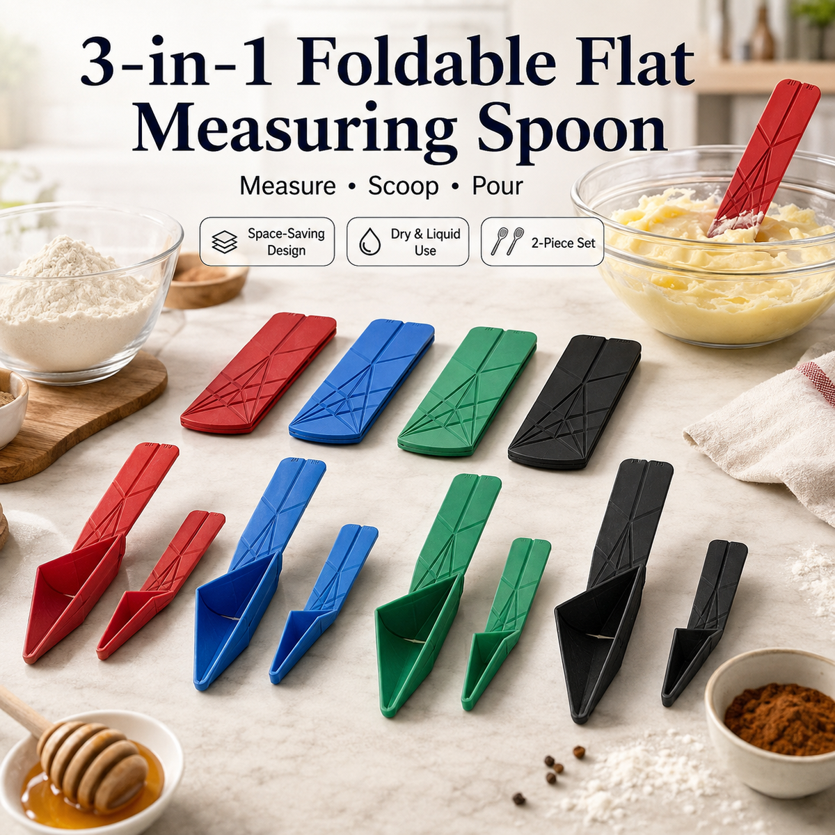 🍳 3-in-1 Kitchen Measuring Spoons – Foldable, Space-Saving & Easy to Clean