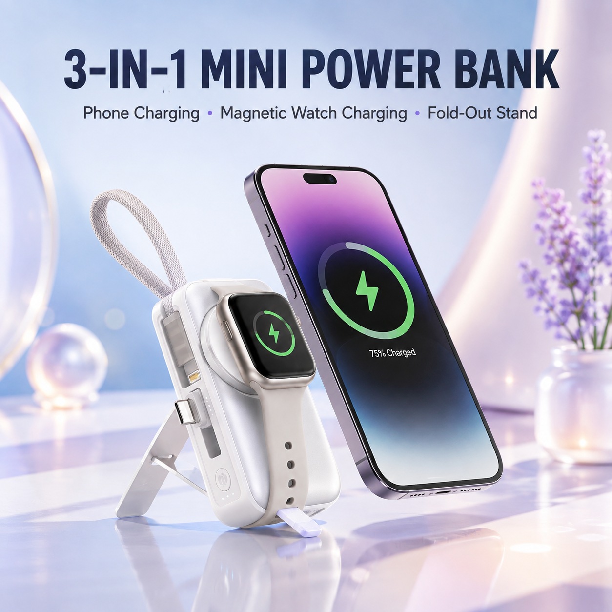 🔥50% OFF TODAY🔋 3-in-1 Mini Power Bank – Phone, Watch & Foldable Stand