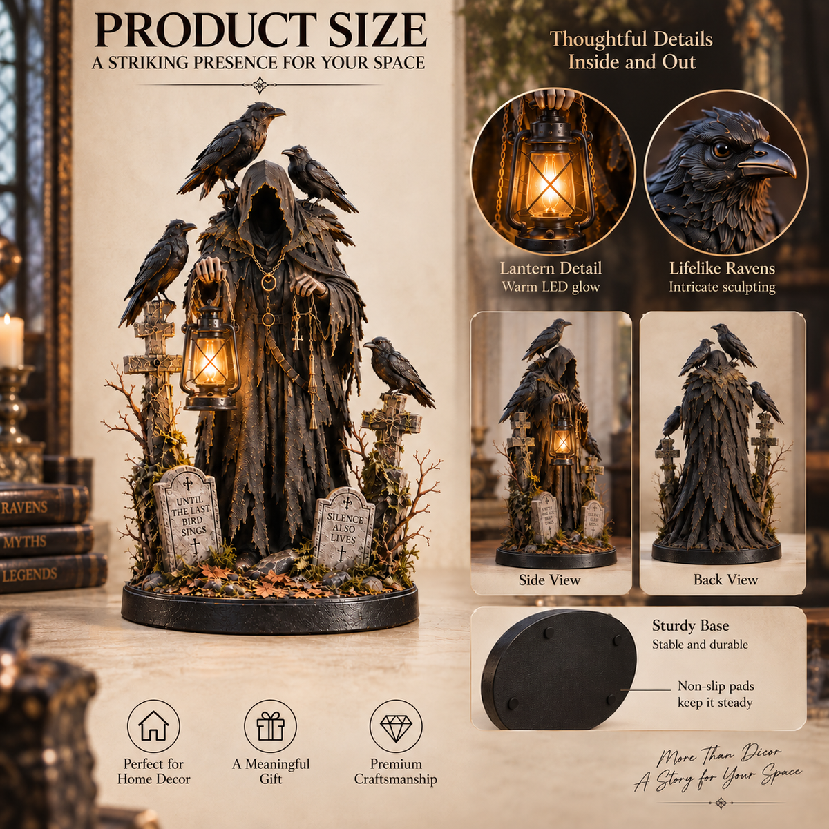 🐦‍⬛ Keeper of the Last Light – Raven Guardian Lantern Statue