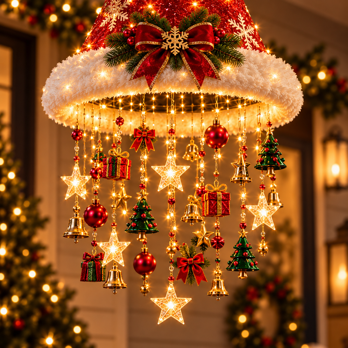 🎄✨Christmas Hat Hanging Chandelier Light with Festive Ornaments