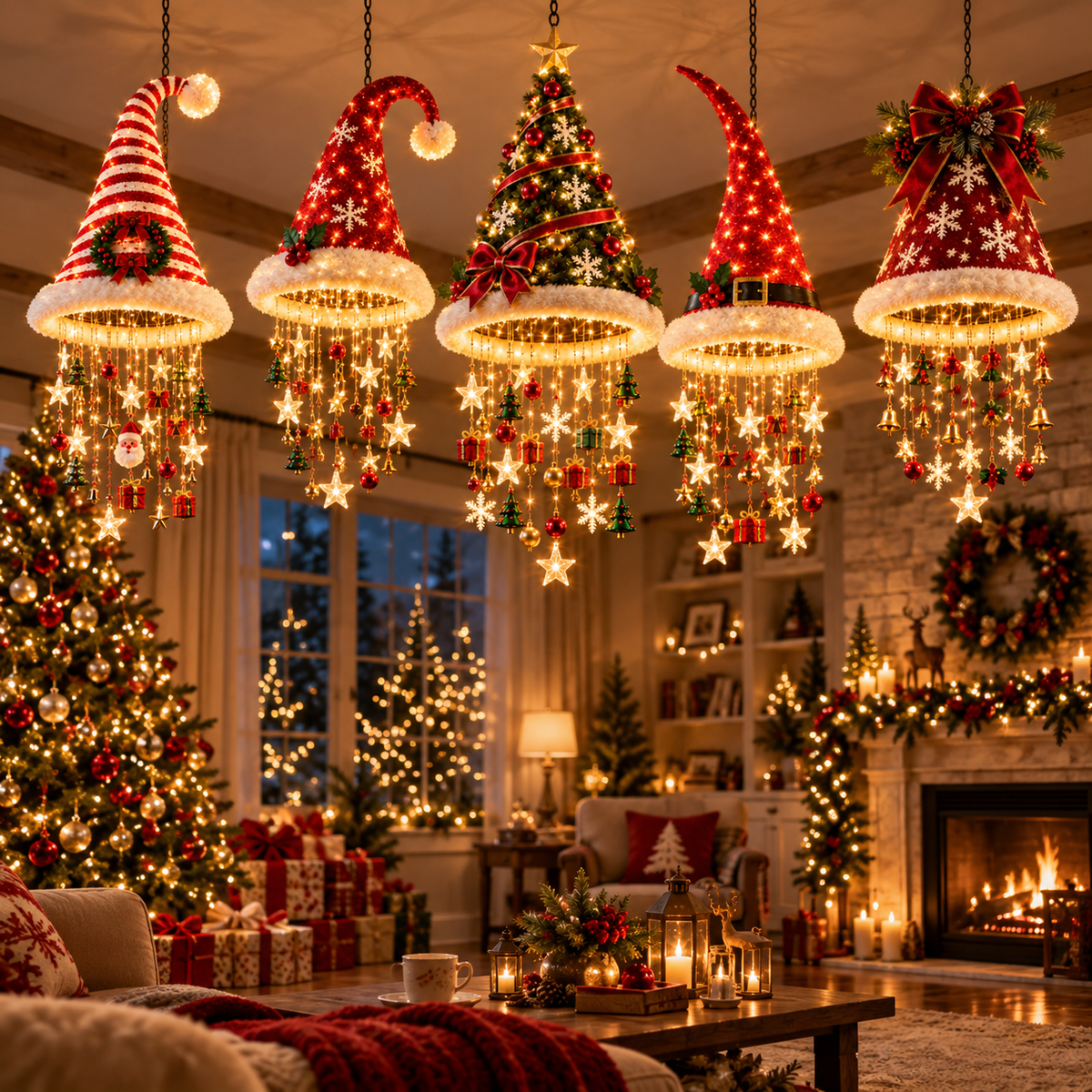 🎄✨Christmas Hat Hanging Chandelier Light with Festive Ornaments