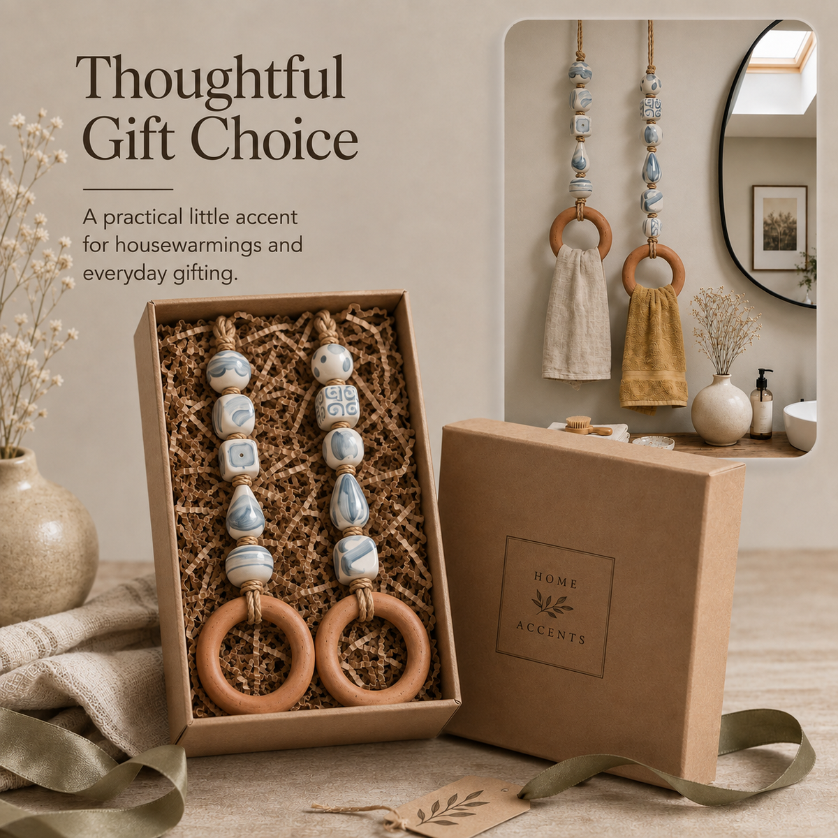🏡Decorative Beaded Towel Hanger with Wooden Ring