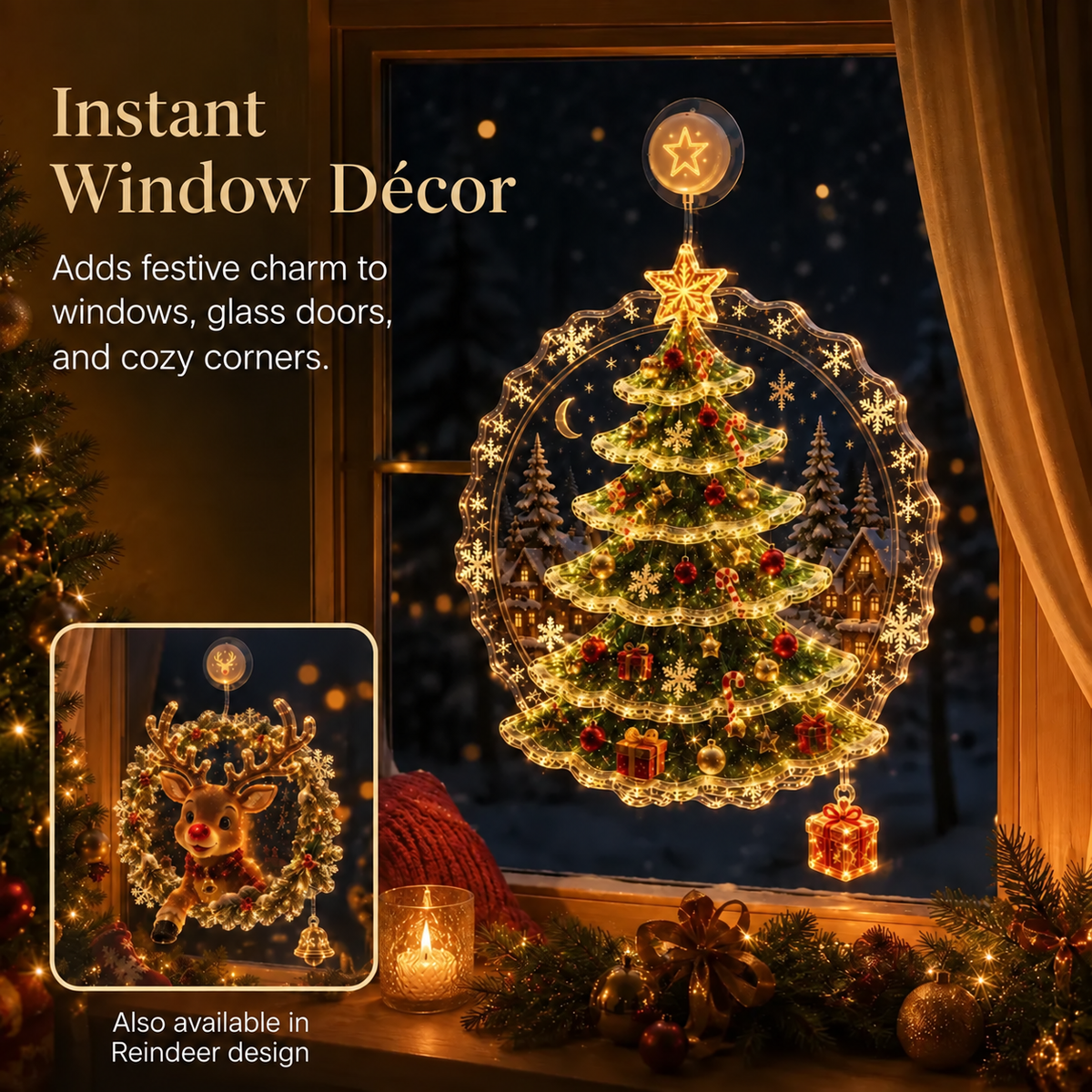 🔥HOT SALE 50% OFF✨🎄Lighted Christmas Window Decoration with Suction Cup | Warm LED Window Light with Double-Layer Design & Multiple Festive Styles Flat Version✨