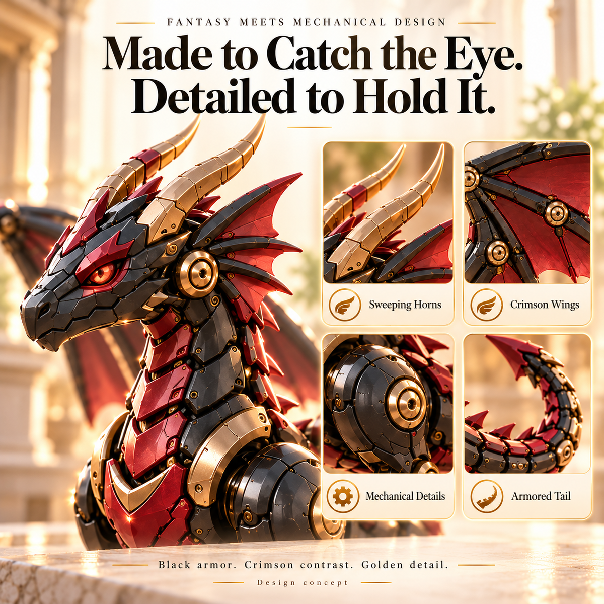🔥LAST DAY 50%🐉 Mechanical Dragon Egg – Black & Crimson Dragon with Folding Wings & Armored Details