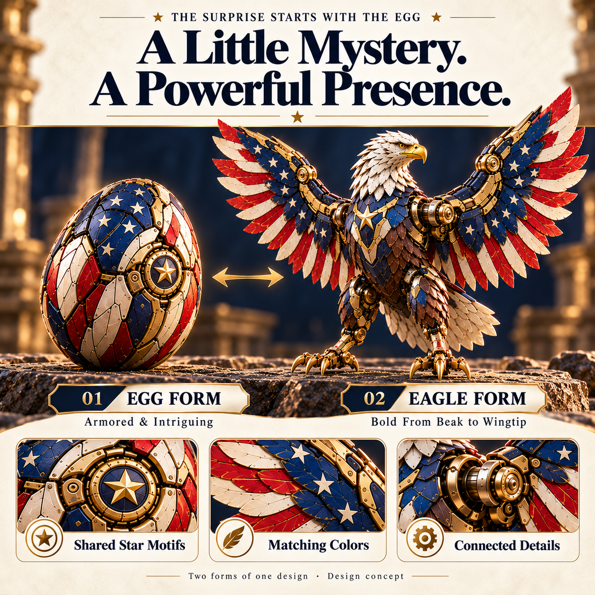 🥚🦅 American Eagle Transforming Egg – Stars & Stripes Mechanical Figure with Bold Wing Details